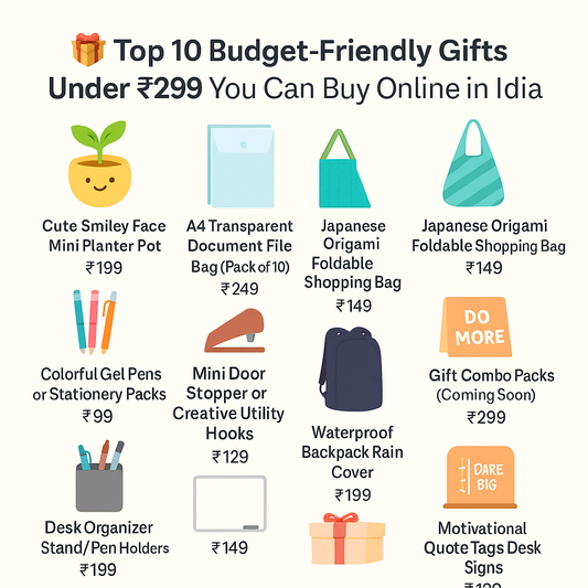 Top 10 budget-friendly gift ideas under ₹299 including smiley planters, file folders, shopping bags, and more available online at Itonz.in