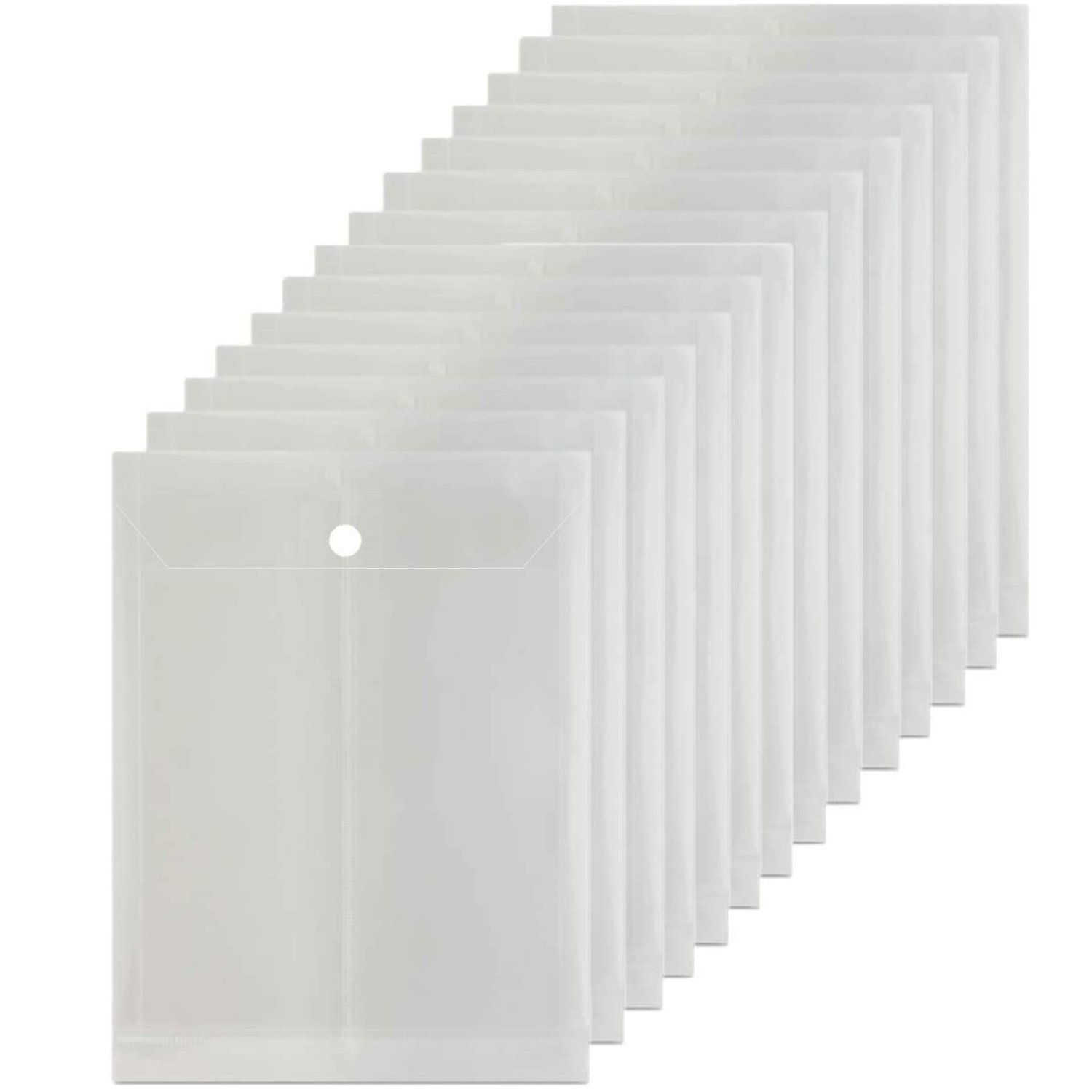 Set of 12 transparent plastic document folders with button closure, arranged in a staggered formation on a white background