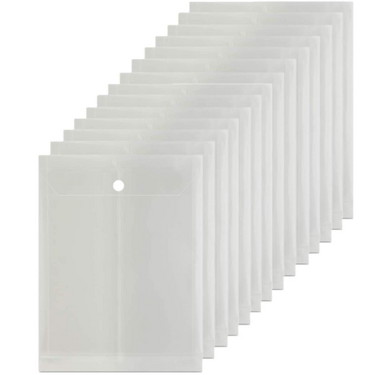 Set of 12 transparent plastic document folders with button closure, arranged in a staggered formation on a white background