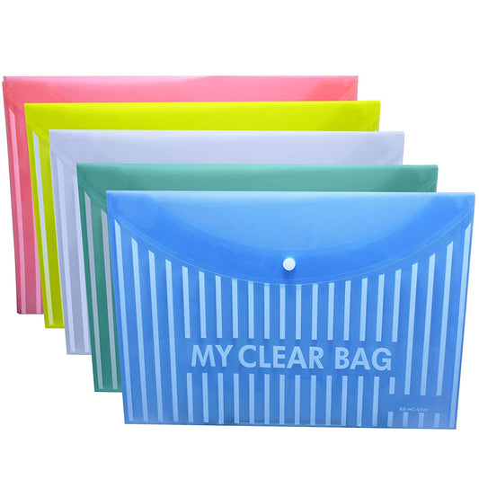 Heavy Plastic 300 Micron Clear Envelopes with Snap Button Closure - A4 & Legal Letter Size - Lining Print Plastic Poly Document File Folder for School, Home & Office Use - Pack of 10