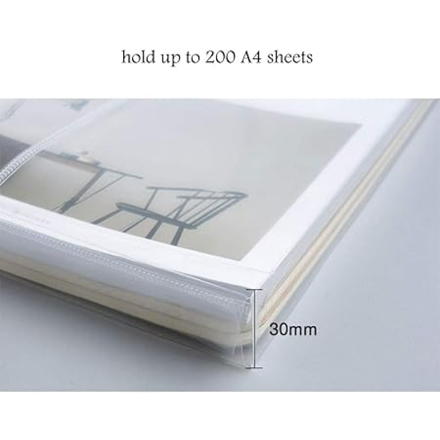Close-up of a transparent document folder holding printed A4 sheets, showing 30mm spine thickness and capacity of up to 200 sheets