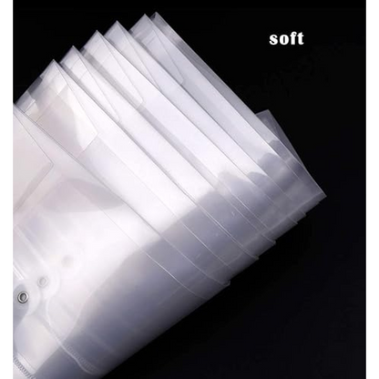 Stack of soft, transparent document folders with snap buttons, displayed against a black background