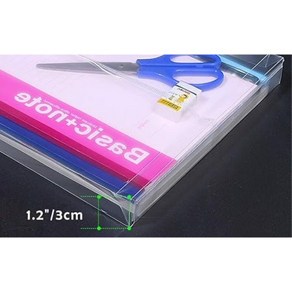Transparent document folder with a 3 cm (1.2 inch) spine, holding notebooks, scissors, and eraser