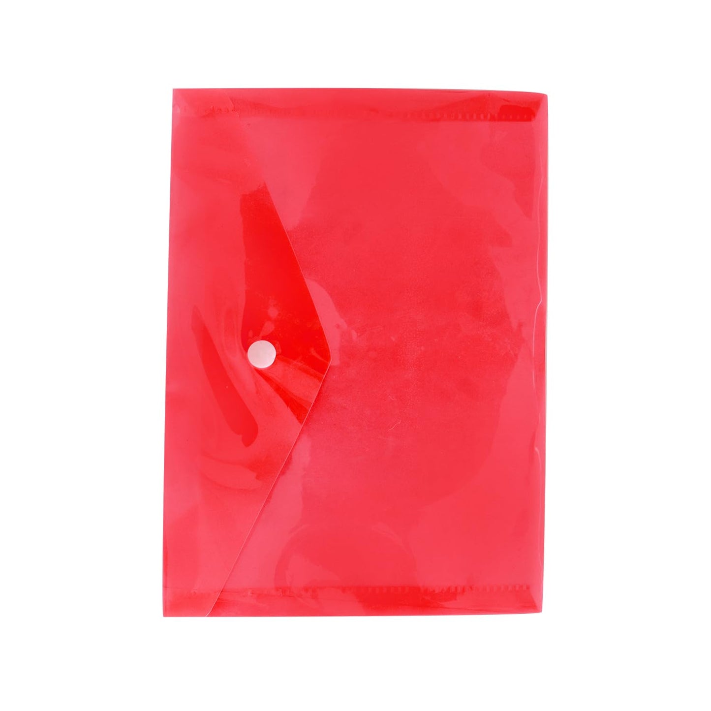 Red plastic document folder with a translucent finish and white button closure, displayed on a white background.