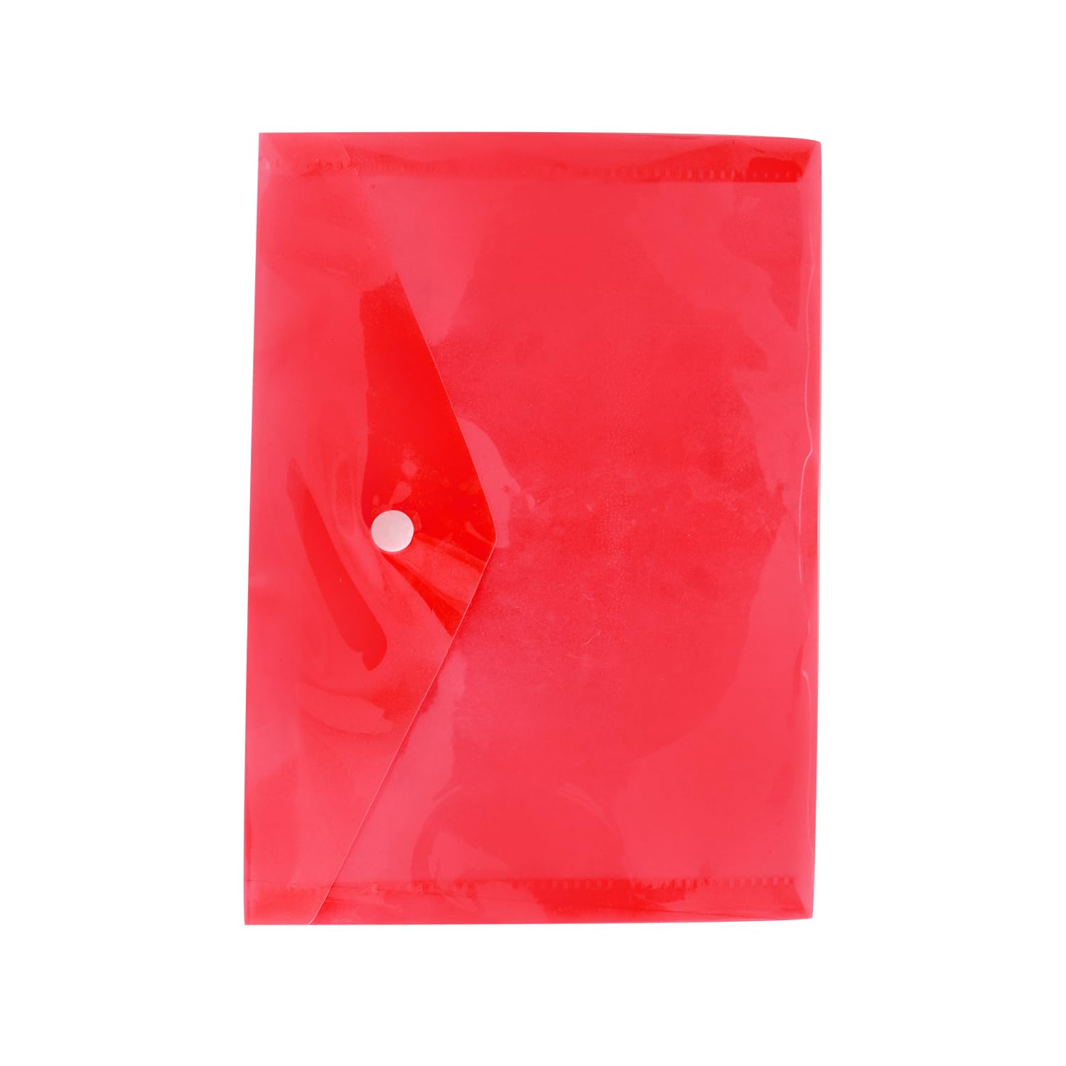 Red plastic document folder with a translucent finish and white button closure, displayed on a white background.