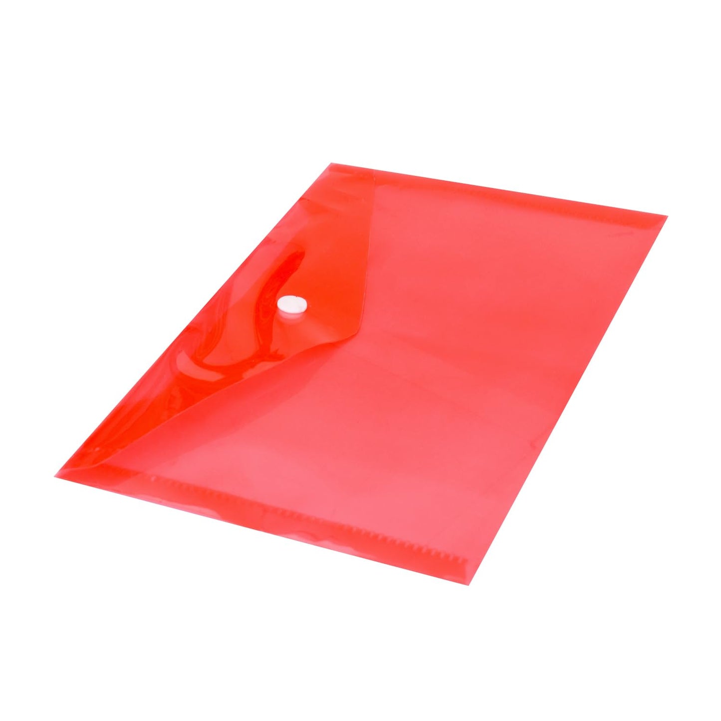 Angled view of a red translucent plastic document folder with a white button closure, placed on a white background.
