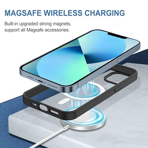 iPhone 13 Magnetic Transparent Case | Shock Proof Design & Camera Protection | Magsafe Wireless Charging case for Apple iPhone 13 | Sleek Hard Crystal Cover - Black (Back)