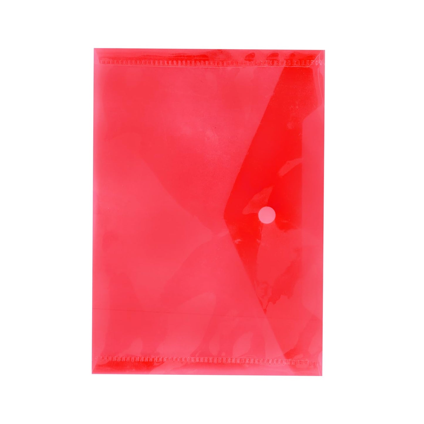 Front-facing view of a red translucent plastic envelope folder with a white button snap closure, displayed on a white background