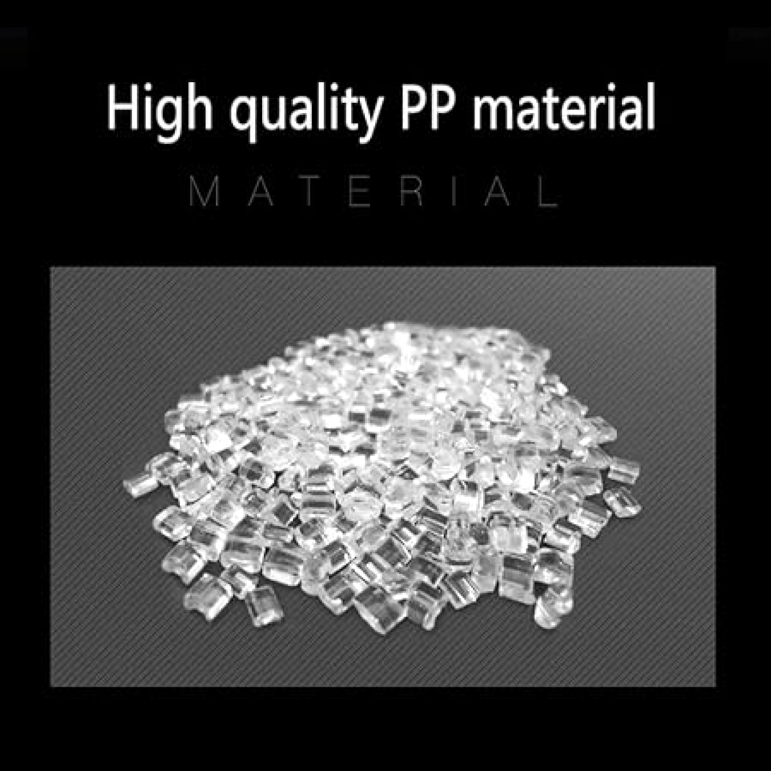 Clear polypropylene (PP) plastic pellets displayed on a dark textured surface with the text 'High quality PP material' above the image