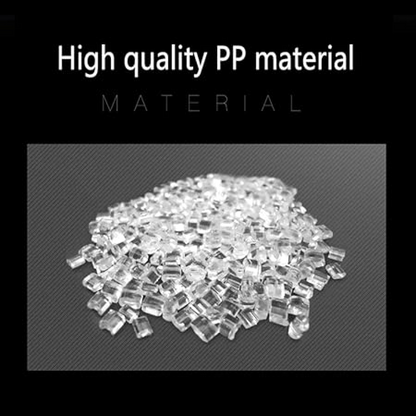 Clear polypropylene (PP) plastic pellets displayed on a dark textured surface with the text 'High quality PP material' above the image