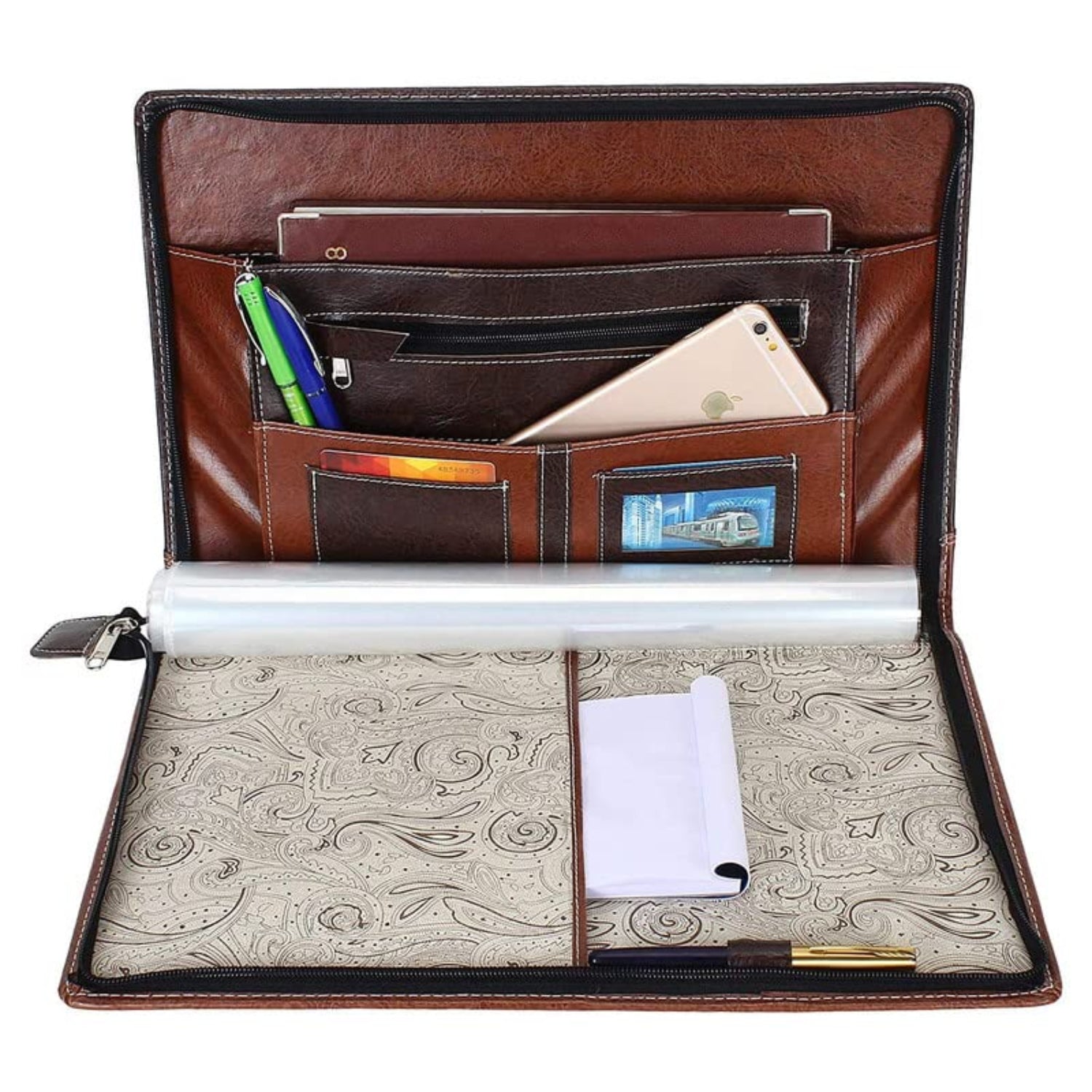 Professional black leatherette file folder with zip closure, 20 transparent leaf sleeves, card slots, and pen holder