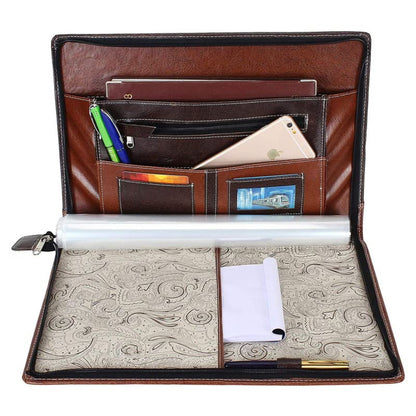 Professional black leatherette file folder with zip closure, 20 transparent leaf sleeves, card slots, and pen holder