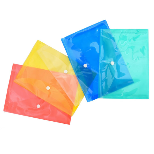 Set of five colorful translucent plastic document folders with snap buttons, arranged in a fan layout. Colors include red, orange, yellow, blue, and green.
