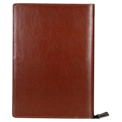 Mixed‑brown leatherette folder open with certificate inserted into transparent sleeve and interior card/pen holders