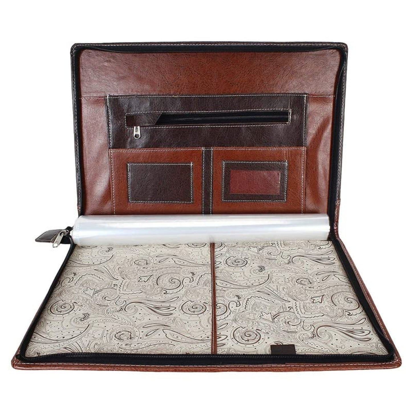 Plain brown leatherette folder cover with embossed branding