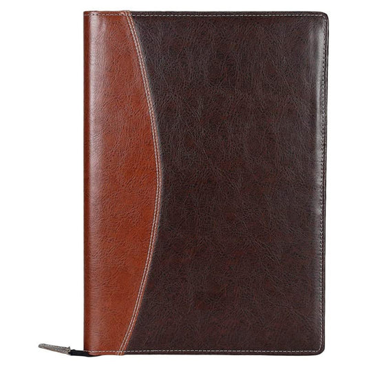 Black leatherette zip folder opened, showing transparent sleeves, pen slot, business card and document pockets