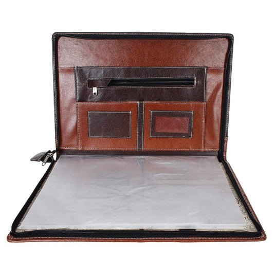 Brown faux‑leather zip folder open to display multiple inside pockets and transparent 20 document leafs