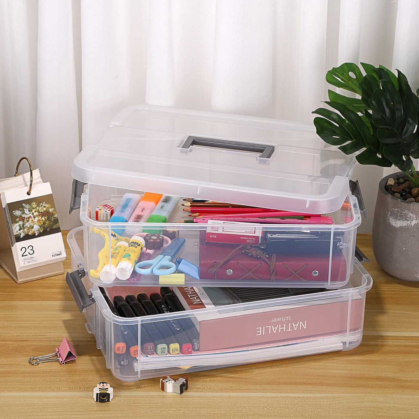 2 Layer Stack & Carry Box,Transparent Rectangular Multi Utility Detachable