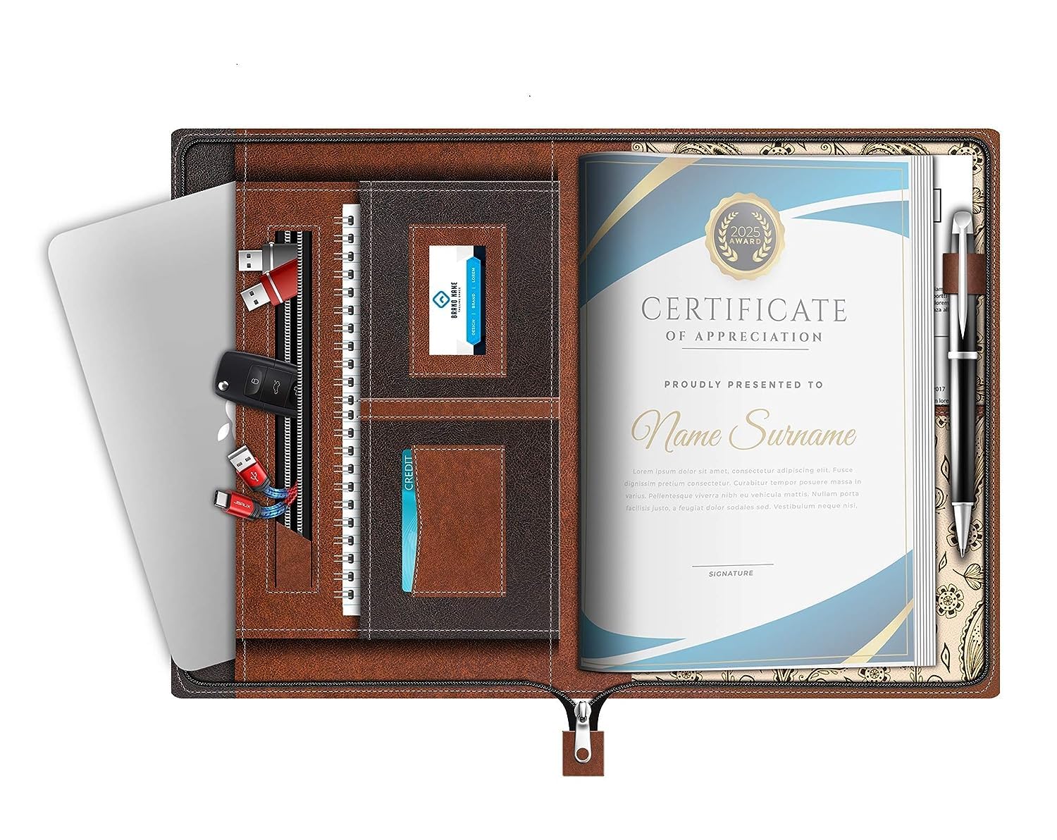 Multipurpose brown faux leather document organizer with zip, card holders, pen slot, and 20-leaf transparent sleeves