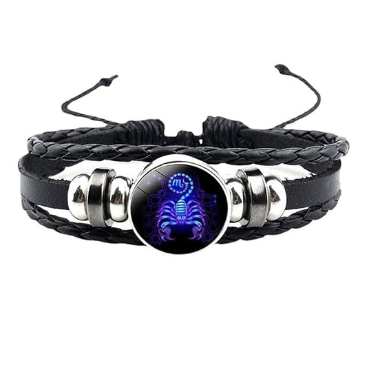 Multilayer Constellation Zodiac Leather Bracelet Vintage Black Leather Bracelet