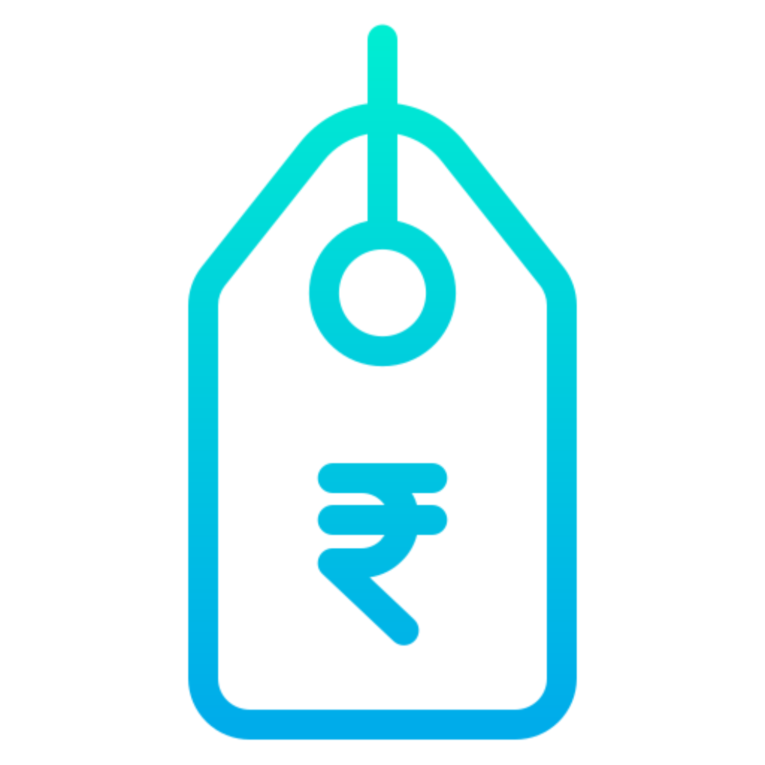 Blue icon of a price tag with a rupee symbol on a white background